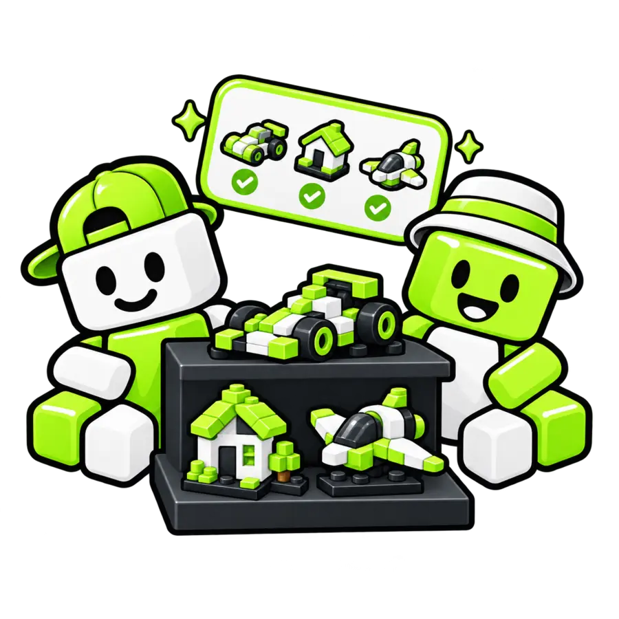 BrickzBack artwork of builders arranging bricks into an organised collection.