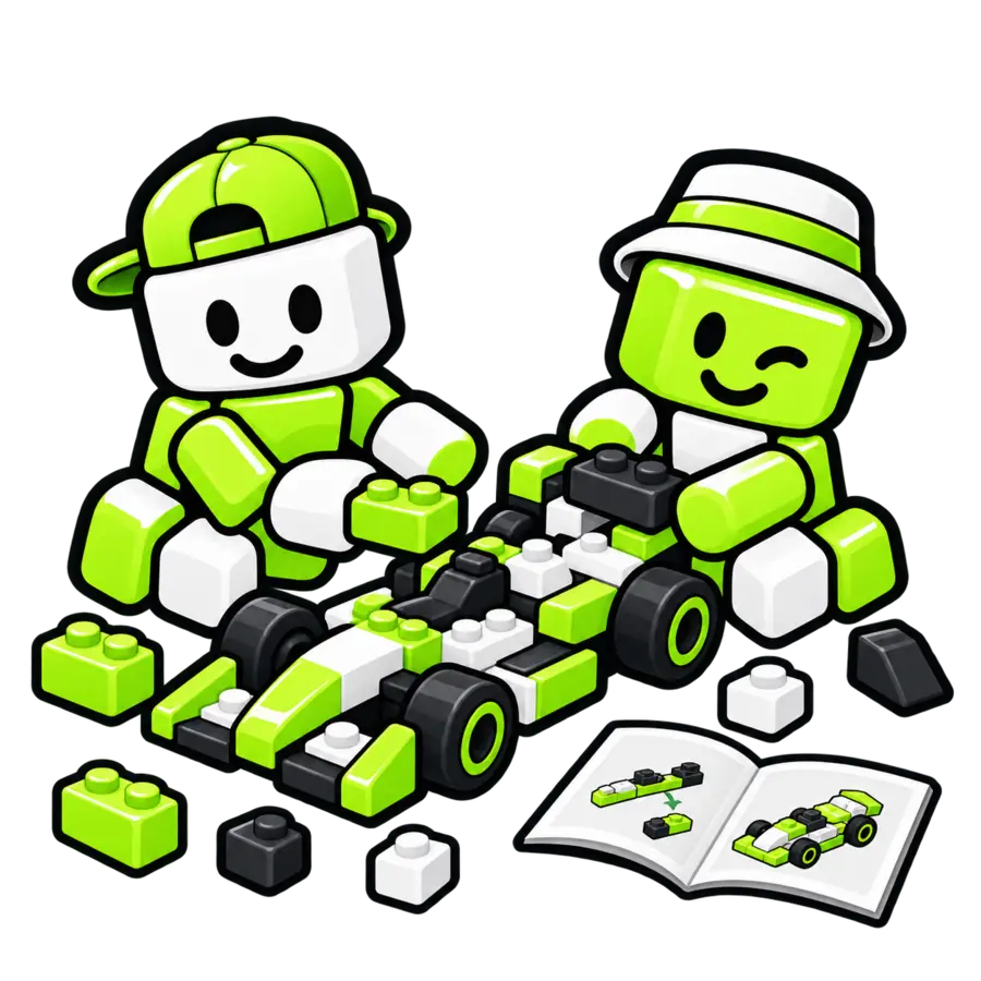 BrickzBack artwork of builders checking and completing a model together.